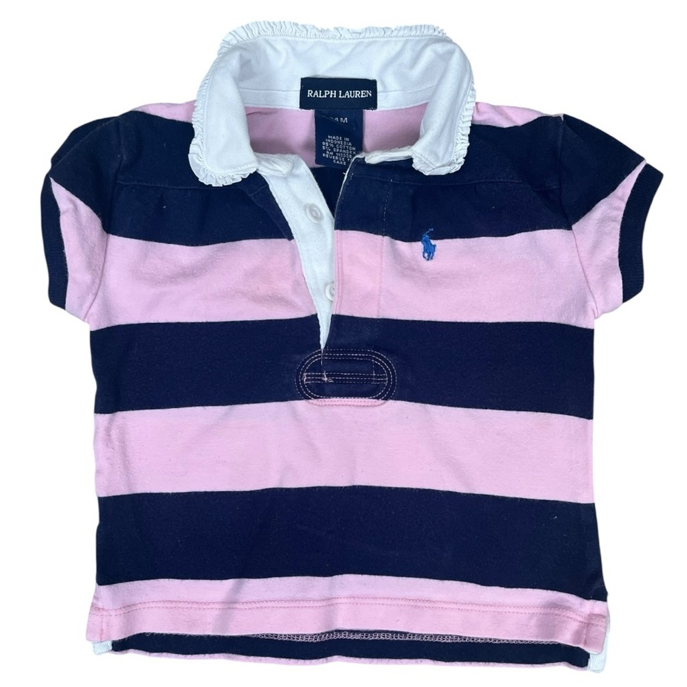 Ralph Lauren Striped Polo Shirt Baby Girls 24M Pink Blue Ruffle Collar Preppy
